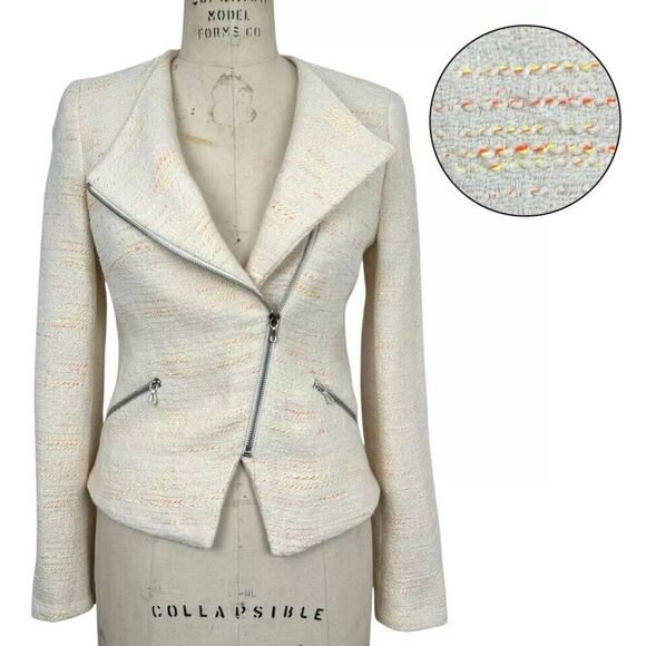 Zara Womens Tweed Moto Jacket Small Ivory Neon Texture Full Zip Blazer Career - Picture 2 of 16